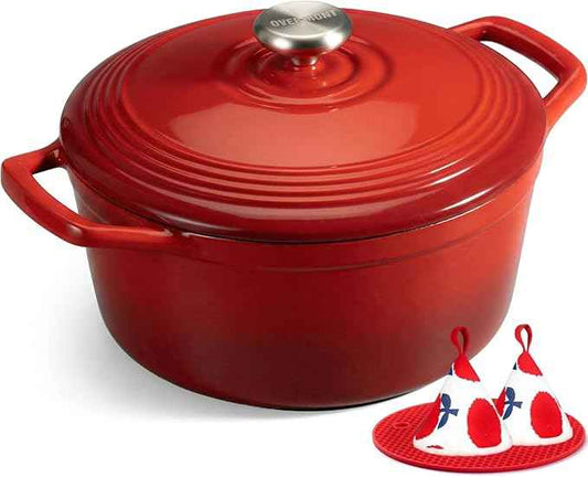 Overmont Refined Enameled Cast Iron Dutch Oven - 5.5QT Pot with Wide Handles Lid Cookbook & Cotton Potholders - Heavy-Duty Pre-Seasoned Cookware Oven Safe to 500°F for Braising, Stews, Roasting, Bread Baking