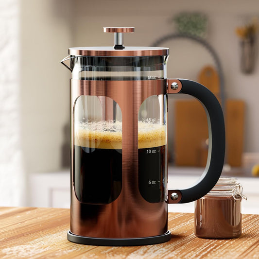 BAYKA 21 Ounce 0.6 Liter French Press Coffee Tea Maker Small, Heat Resistant Thickened Borosilicate Glass Stainless Steel Single Serve Brewer, Cold Brew Percolators, Cafetera Teapot, Copper