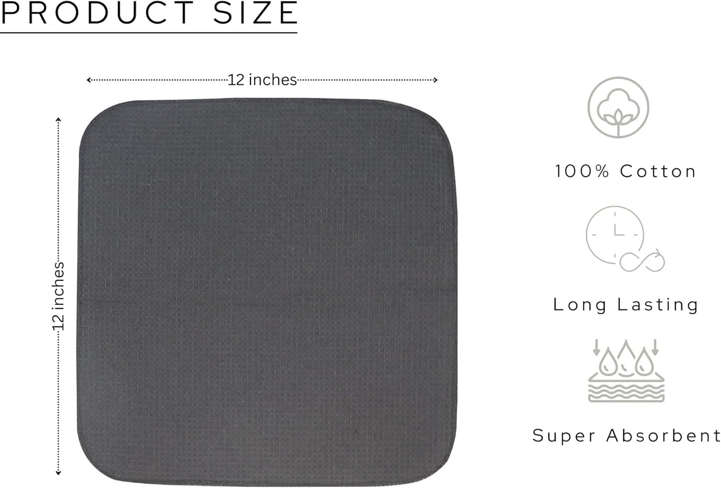 PurpleEssences Dish Cloths and Dish Rags - 8 Pack Waffle Weave Solid Kitchen Dish Wash Cloths, 100% Cotton, 12 x 12 Inches, Ultra Soft Absorbent Quick Drying - Spring Summer - Dark Grey