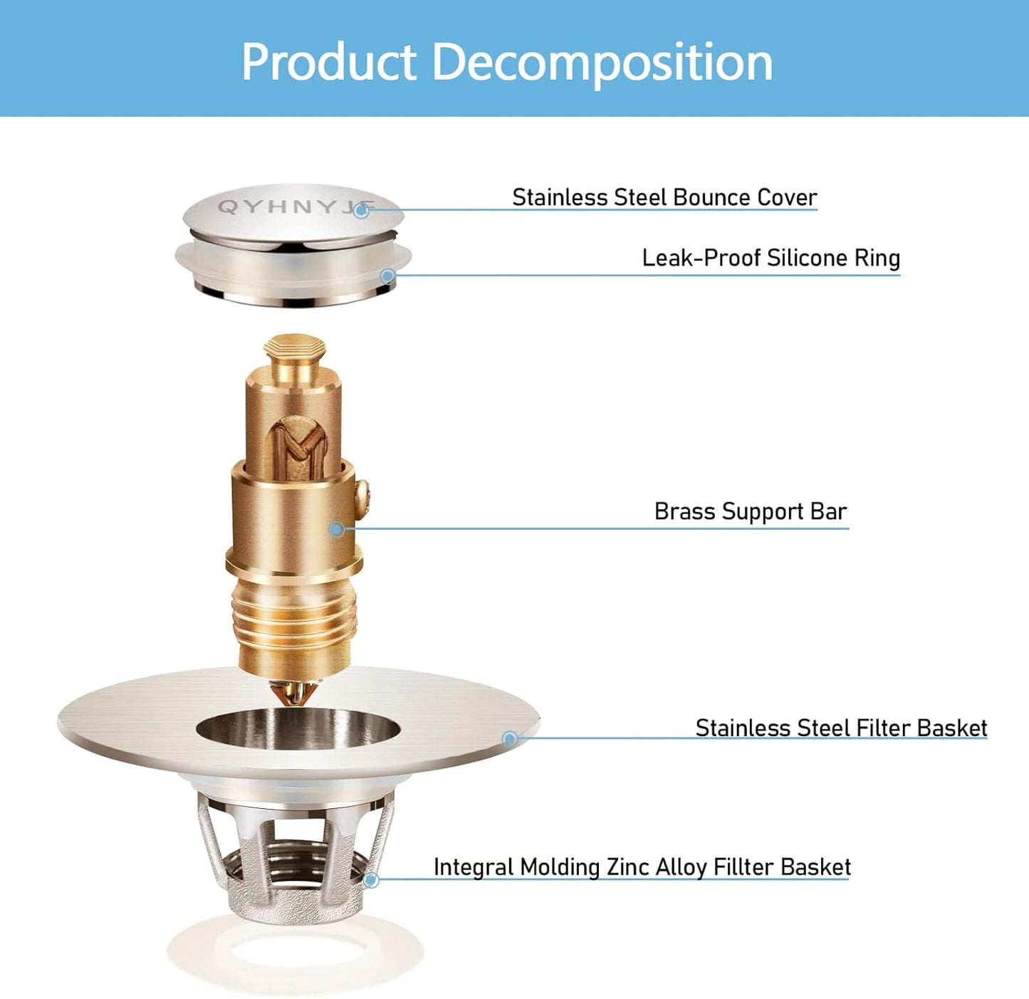 Bathroom Sink Stoppers Brushed Nickel，Pop Up Drain Stopper for Bathroom Sink，‎2-in-1 Sink Stopper & Strainer,Universal Wash Basin Sink Stopper，for 1.1"~1.5" Bathroom Sink Drain Pipe（Brushed Nickel）