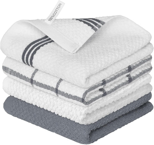 Artoid Mode Ring Spun Cotton Grey Dishcloth Kitchen Towels, 12x12 Inch Ultra Soft Absorbent Quick Drying Household Cleaning Kitchen Rags Set of 4