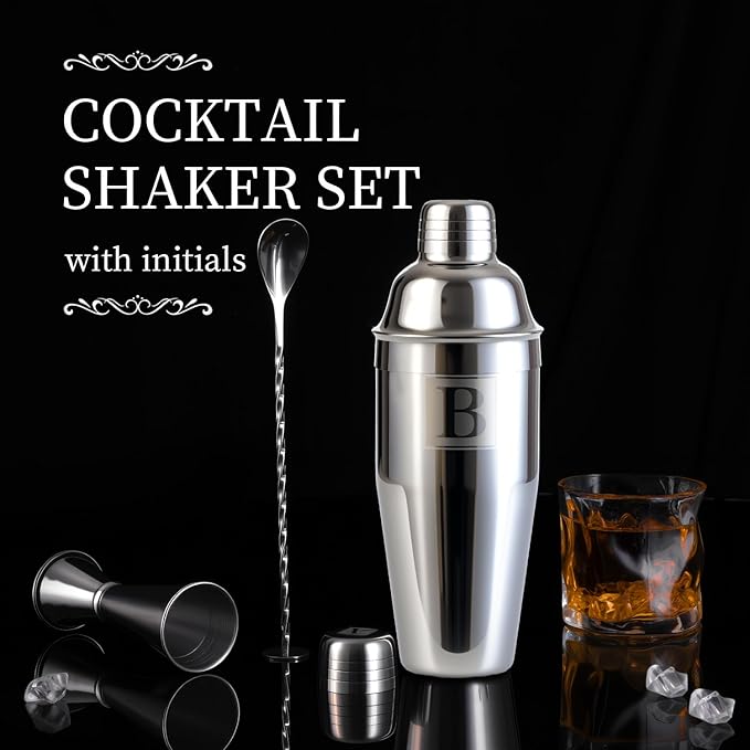 24oz Cocktail Shaker Set with 1 oz 2oz Jigger - Monogramm Initials Martini Shaker Set - 304 Stainless Steel Bar Shaker for Margarita,Mojito-Personalized Gift for Friend,Husband-S
