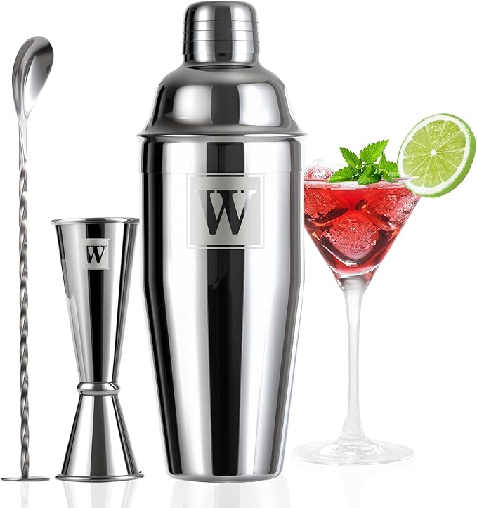 24oz Cocktail Shaker Set with 1 oz 2oz Jigger - Monogramm Initials Martini Shaker Set - 304 Stainless Steel Bar Shaker for Margarita,Mojito-Personalized Gift for Friend,Husband-W