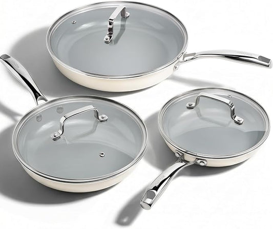 Kikcoin Non Stick Frying Pans with Lid, 3 Pack Ceramic Frying Pan for Cooking, 8+9.5+11 Inch Omelette Pans Set with Stay Cool Handle, Induction Ready, Free of PFAS PFOA PTFE, Oven/Dishwasher Safe