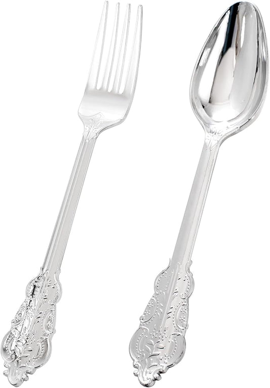 BUCLA 200PCS Silver Plastic Forks and Spoons - Plastic Silverware Baroque - Disposable Silverware Heavy Duty - 100PCS Silver Forks and 100PCS Spoons for Weddings, Christmas and Party