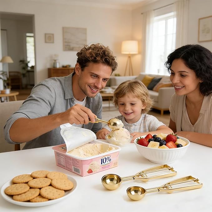 Gold Ice Cream Scoop 304 Stainless Steel Cookie Scoops for Baking Melon Baller with Trigger 3 Sizes (Gold, S/M/L)