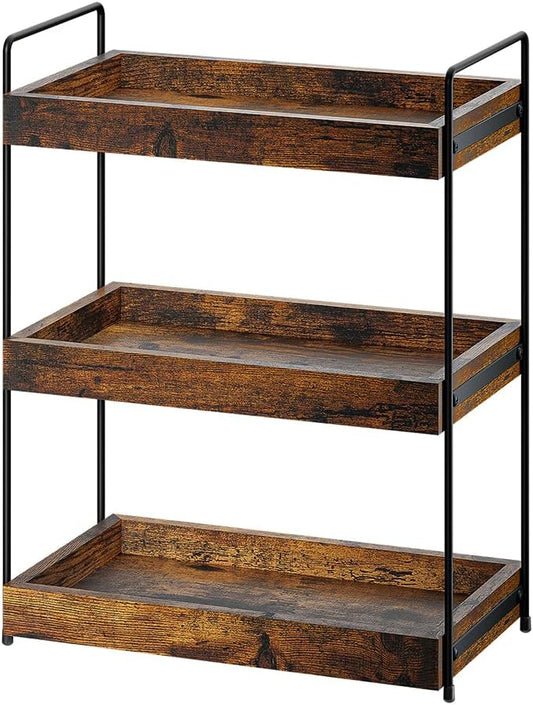 Bathroom Counter Organizer, 3-Tier Wood Spice Rack Organizer for Kitchen Counter, Vanity Skincare Organizers Shelf for Bathroom Storage Organization, Rustic Brown