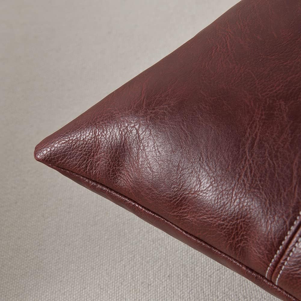 Fancy Homi Burgundy Long Lumbar Faux Leather Decorative Throw Pillow Covers 14x24 Inch for Outdoor Couch Bed, Modern Farmhouse Boho Home Decor, Wine Red Hand Stitched Cushion Case 35x60 cm