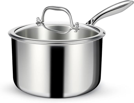 EWFEN 3 Ply Stainless Steel Saucepan with Lid, 3 Quart Multipurpose Cooking Pot, Stay-Cool Handle, Induction Oven Dishwasher Safe, 3 QT