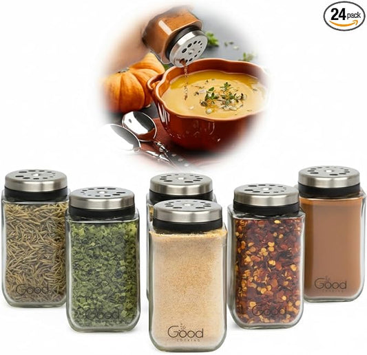 Adjustable Glass Spice Jars (Set of 24) with 6 Pouring Sizes- Stainless Steel Lid/Cap- Square Seasoning Bottle Containers for Minimalist Kitchen Pantry Storage Organization- Fill Shaker w Salt Pepper