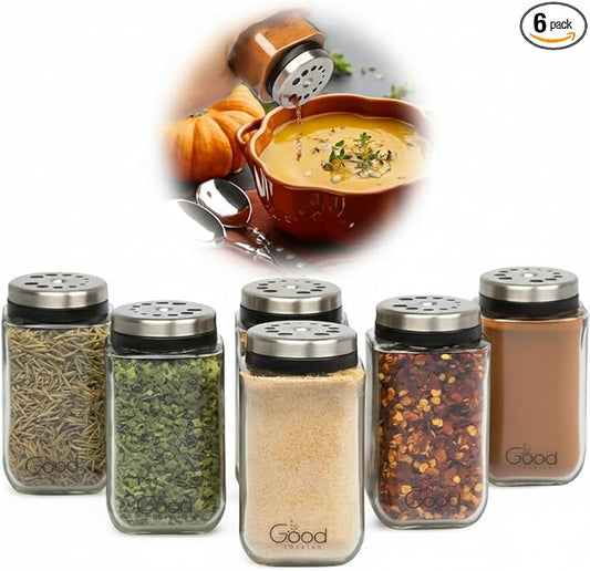 Adjustable Glass Spice Jars (Set of 6) with 6 Pouring Sizes- Stainless Steel Lid/Cap- Square Seasoning Bottle Containers for Minimalist Kitchen Pantry Storage Organization- Fill Shaker w Salt Pepper