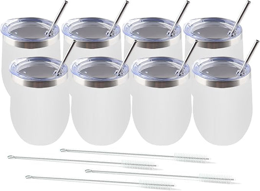 Amtidy 8 Pack Powder Coated Stainless Steel Tumbler with Lid,Equipped with straw and straw brush，12 oz Double Wall Vacuum Insulated Travel Tumbler Cup for Coffee, Wine, Cocktails