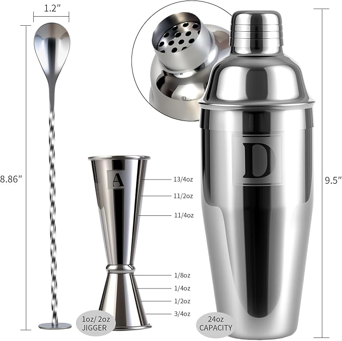 24oz Cocktail Shaker Set with 1 oz 2oz Jigger - Monogramm Initials Martini Shaker Set - 304 Stainless Steel Bar Shaker for Margarita,Mojito-Personalized Gift for Friend,Husband-X
