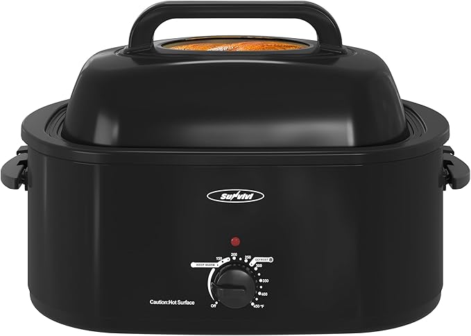 Sunvivi Roaster Oven, Electric Roaster Oven with Viewing Lid, 28lb 24-Quart Turkey Roaster with Unique Defrost/Warm Function, Large Roaster with Removable Pan & Rack, Stainless Steel, Black