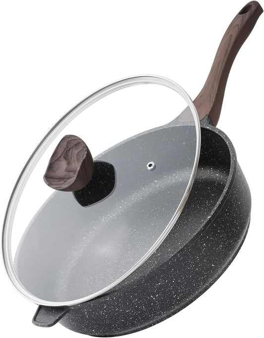 Nonstick Deep Frying Pan with Lid, 11 Inch Non Stick Skillet, Saute Pan for Cooking, Healthy Induction Cookware, PFOA Free