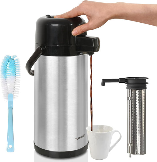 Airpot Coffee Dispenser with Pump,102 OZ/ 3L Large Coffee Dispenser with Tea Filter for Party Hot Drinks Water Tea Chocolate Hot/Cold Water, Insulated Stainless Steel Thermal Carafes