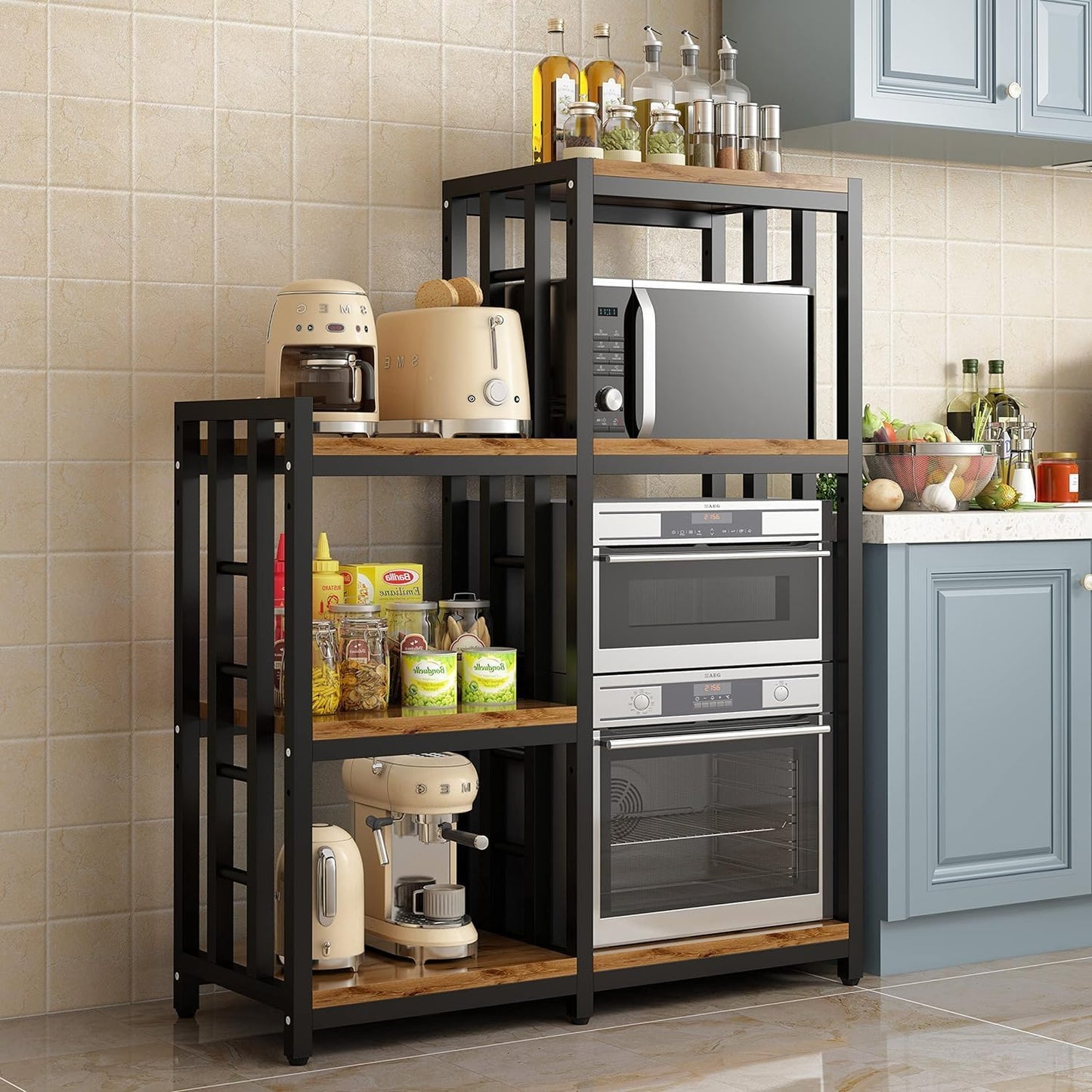 BRIGHTSHOW Kitchen Storage Shelf Bakers Rack, 6-Tier Coffee Bar Table, Kitchen Microwave & Mini Fridge Stand Shelves for Spices, Pots and Pans (52 x 40 x 17.5inch) (Brown no Wheels)