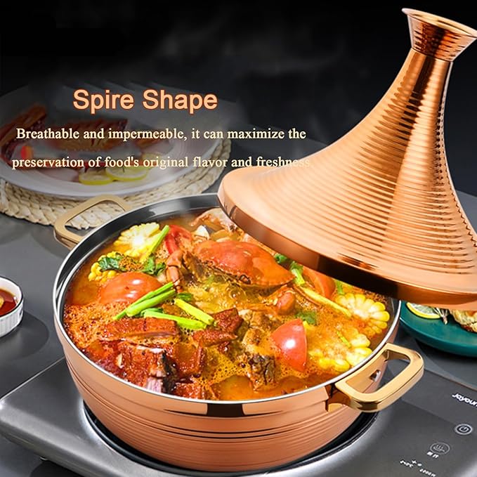 Stainless Steel Moroccan Tagine Pot, Large Moroccan Tajine Casserole with Cone-Shaped Lid, Non Stick Tagine Cooking Pot with 2 Handles(24cm/9.4in, Gold)
