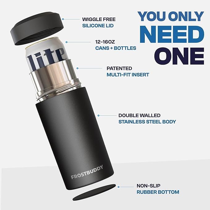 Frost Buddy Universal Can Cooler - Fits All - For Regular 12 & 16 oz or Slim-Size Bottles - Insulated Double-Walled Stainless Steel (Navy)