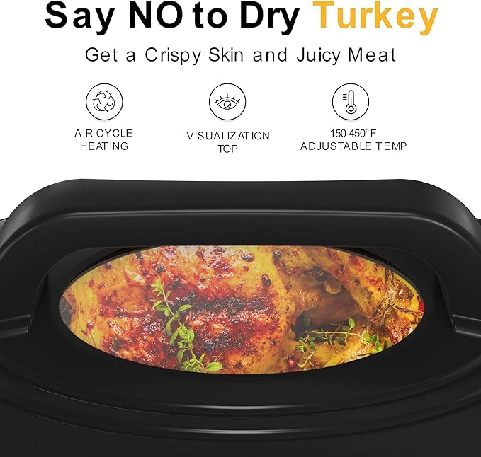 Sunvivi Roaster Oven, Electric Roaster Oven with Viewing Lid, 28lb 24-Quart Turkey Roaster with Unique Defrost/Warm Function, Large Roaster with Removable Pan & Rack, Stainless Steel, Black
