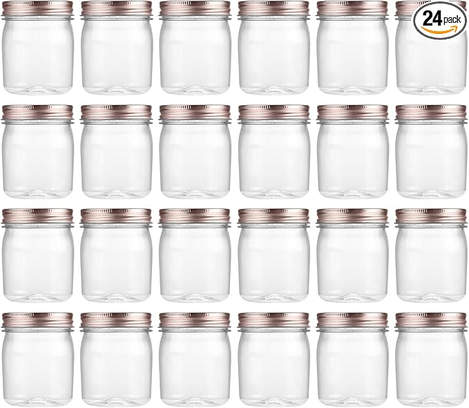 novelinks 8 oz Clear Plastic Jars with Airtight Lids, 24 Pack Plastic Mason Jars with Lids 8oz, Refillable Storage Slime Containers & Small Spice Jar for Kitchen Organization (24 Pack,Rose Gold)