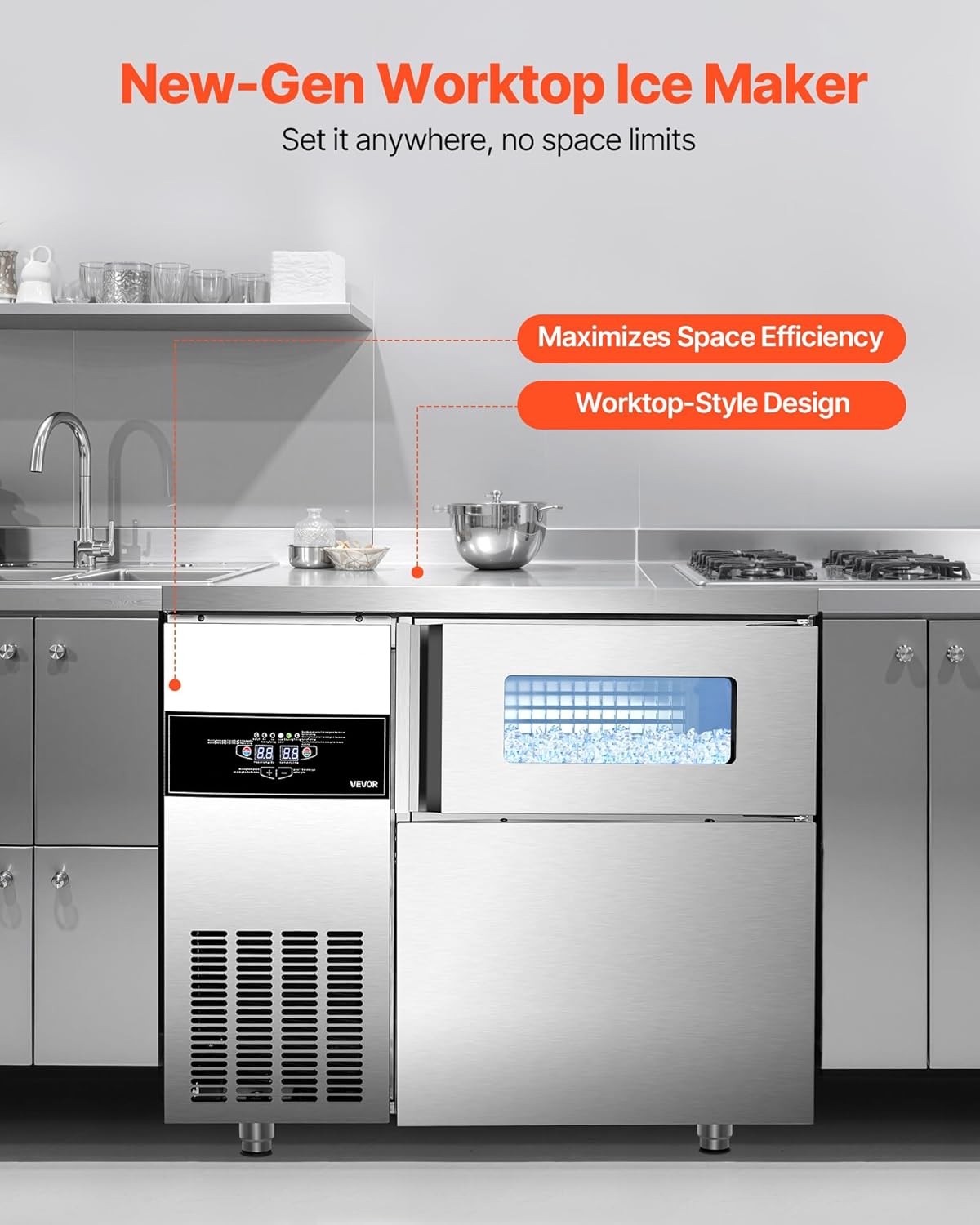 VEVOR Commercial Ice Maker Machine, 220 lbs/24H Stainless Steel Ice Machine with Worktop, 66 lbs Ice Storage Bin & Touch Screen, Self-Cleaning Freestanding Ice Making for Home Bar Restaurant Kitchen