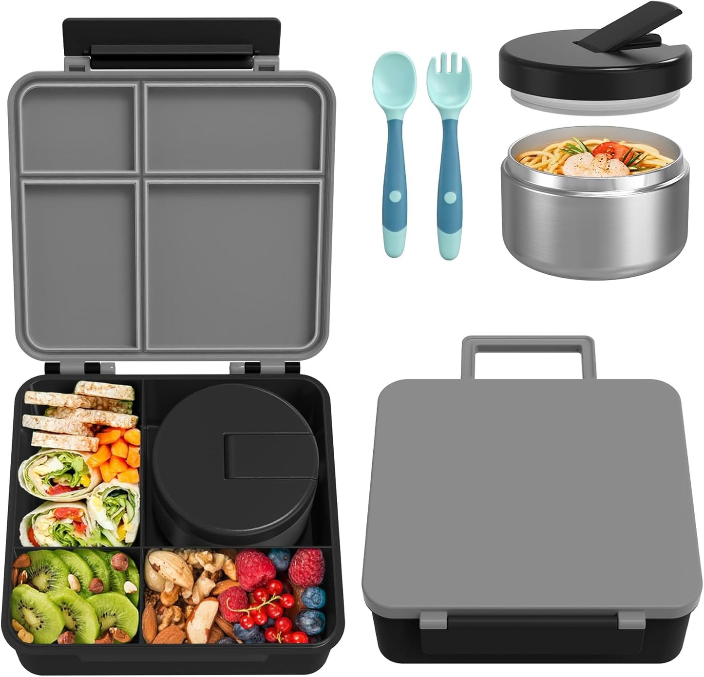 Bento Lunch Box with 8oz Soup Thermo, Kids Leakproof Lunch Food Containers with 4 Compartment, Kids Thermo Insulated Hot Food Jar for School, Trvael (Grey)