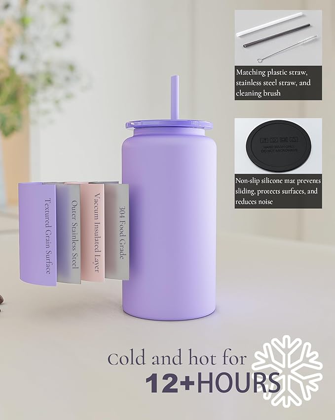 Glass Cups With Lids and Straws, 16oz Stainless Steel Drinking Vessels for Beer, Iced Coffee, Smoothies - White (Textured Matte Finish, Not Sublimatable)