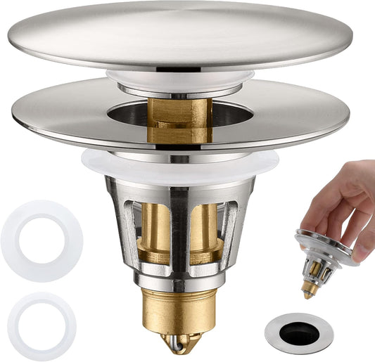 3-in-1 Universal Bathroom Sink Stopper - Brushed Nickel Pop Up Sink Drain Stopper, Brass Bounce Bullet Core Sink Stopper Replacement, Wash Basin Drain Filter Plug with Anti-Clogging Strainer