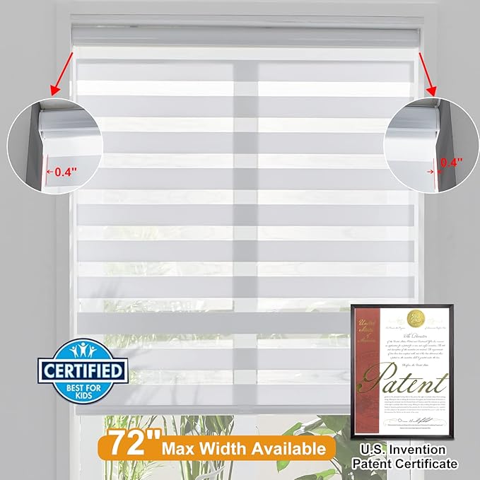 Persilux Cordless Zebra Blinds for Indoor Windows, Free-Stop Light Filtering Sheer Shades, Dual Layer for Day and Night, Roller Shades for Home (27.5" W X 64" H, White)
