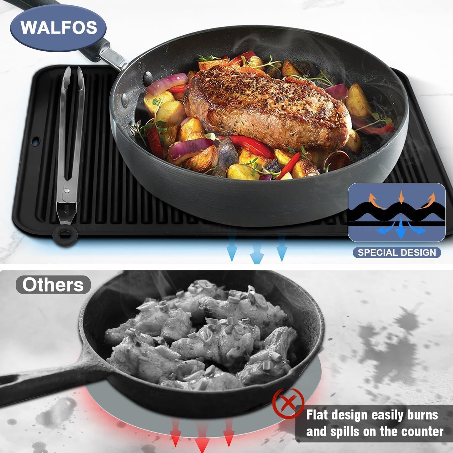 Walfos XXL Silicone Trivet 16 Inch and Trivets Mats 12 Inch, Trivets for Hot Pots and Pans, Heat Resistant Pot Holders Hot Pads for Kitchen Quartz Countertops, Hot Dishes, 6 Pack