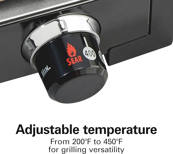 Hamilton Beach Electric Indoor Searing Grill with Adjustable Temperature Control to 450F, 118 sq. in. Surface Serves 6, PFAS-Free Removable Nonstick Grate, Stainless Steel (25360)
