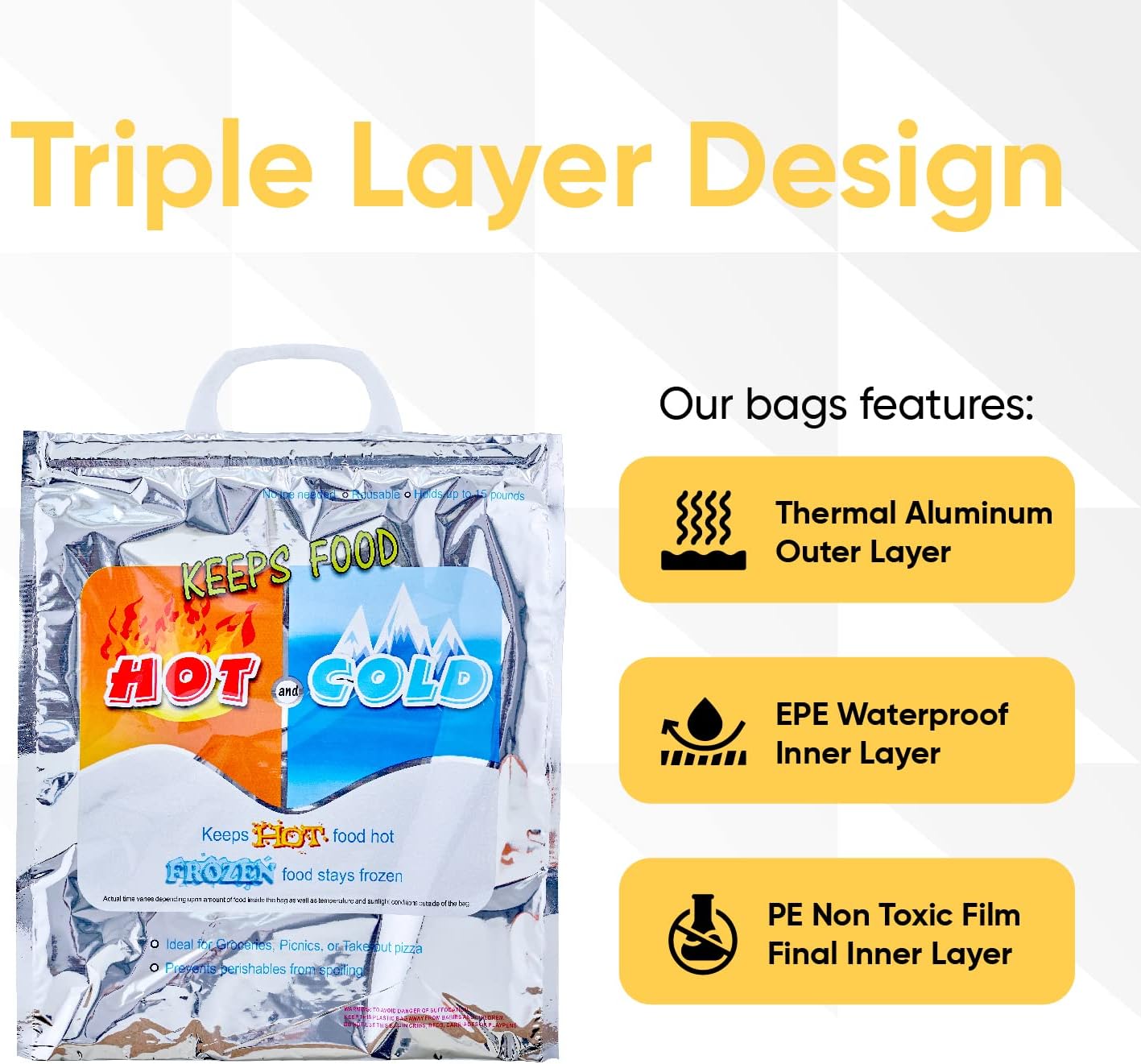 Superio Hot and Cold Insulated Bags for Food Delivery, Grocery Shopping Bags, Food Storage for Hot and Frozen Food for Travel, Disposable Cooler Bag, Reinforced Thermal Lunch Bag (3, 13"x7"x15.5")