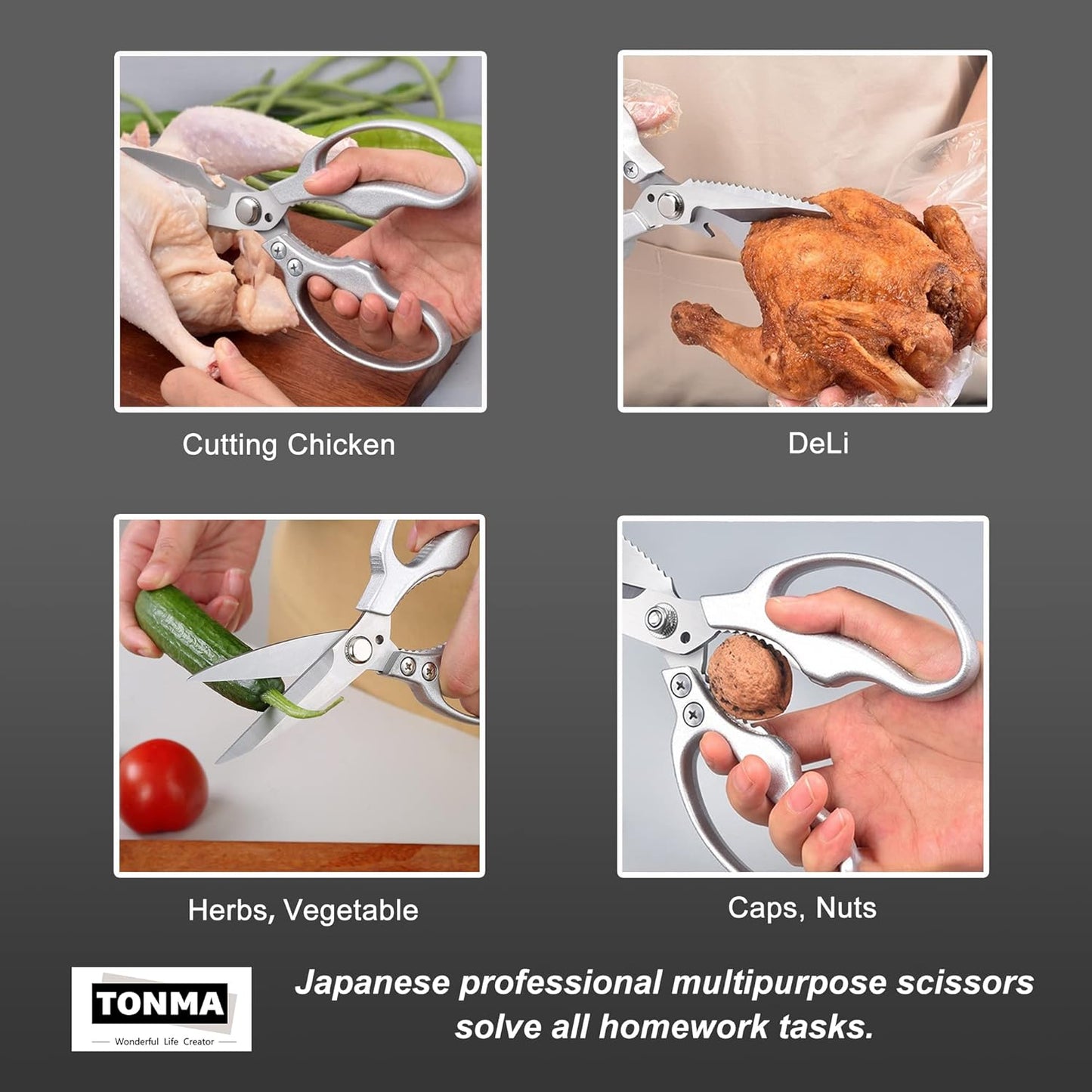 TONMA Kitchen Shears Heavy Duty [Made in Japan] Multipurpose Stainless Steel Poultry Shears, Japanese Kitchen Scissors Sharp Non-Slip Cooking Scissors for Chicken, Fish, Food, Herbs
