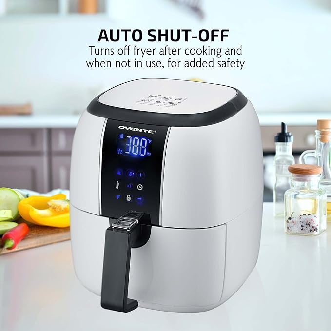 OVENTE Compact Air Fryer, 3.2 Quart Electric Hot Cooker with 1400W Power, Digital LED Touch Screen, Auto Shutoff, Dishwasher Safe Non-Stick Basket, Perfect for Healthy & Oilless Food, White FAD61302W