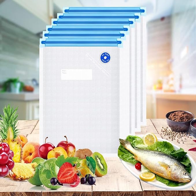 Higfra Reusable BPA Free Vacuum Sealer Bags (8.5 * 8.5in), 31 Pcs (24 Pcs Vacuum Zipper Bag & 2 Seal Clips & 5 Air Valves), Plastic, Clear, Double Zipper Seal, Microwaveable, Food Storage, Cooking