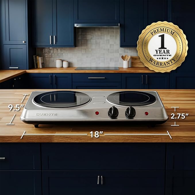 OVENTE Countertop Infrared Double Burner, 1700W Electric Hot Plate and Portable Stove with 7.75" and 6.75" Ceramic Glass Cooktop, 5 Level Temperature Setting and Easy to Clean Base, Silver BGI102S