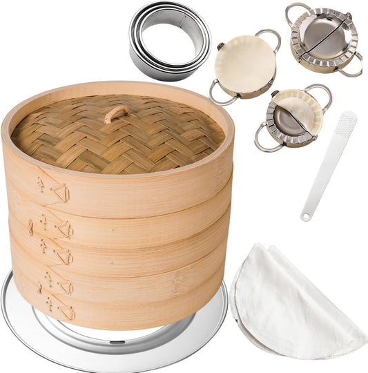 Bamboo Steamer Set - 10 Inch Dumpling Steamer Basket with Lid & 7-Piece Kit - Natural Steam Basket for Pots Stovetop Cooking