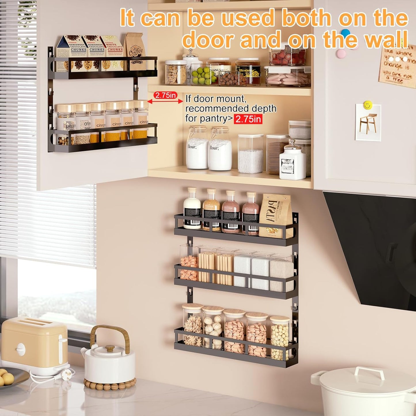 X-cosrack 5-Tier Small Wall-Mounted Spice Rack Organizer, Height-Adjustable, Space-Saving Compact Design for Kitchen Pantry Cabinet, Black