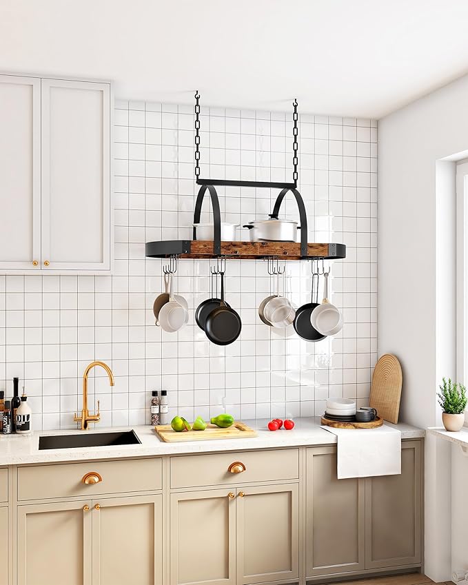 CHOEZON Hanging Pot Rack, Pot Hanger for Kitchen, Ceiling Mounted Pot Holder, Cookware Organizer with 12 S-Shaped Hooks, for Pot, Pan Storage, Space-Saving, Rustic Brown and Black TPR08BFC1