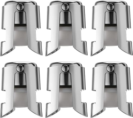 Champagne Stopper 6 Pack Stainless Steel Champagne Save with Food Grade Silicone，Leak-Proof Bubble Retaining Saver，Suitable for Champagne Prosecco Cava and Sparkling (Silver)