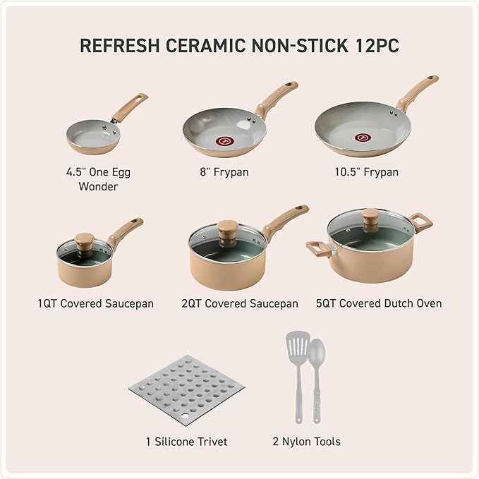 T-Fal Refresh Ceramic Nonstick Cookware Set, 12-Piece, Oven Safe to 350°F, Includes Stockpot, Griddle, Frying Pans, Utensils, Ceramic Pots and Pans Set, Sand Beige
