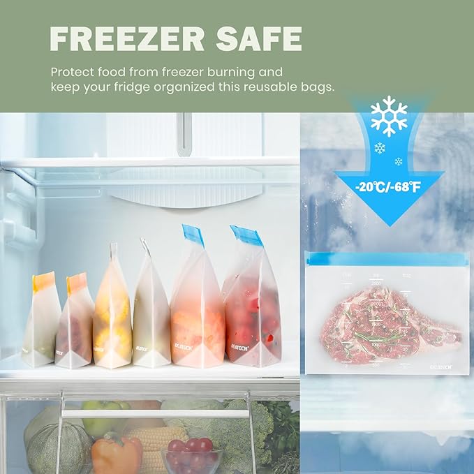 IDEATECH Reusable Bags Dishwasher Safe, BPA Free Reusable Gallon Freezer Bags, Stand Up Leakproof Food Storage Bags for Marinate Meats, Salad Fruit, Vegetables, Home Organization -Gray 6 Gallon