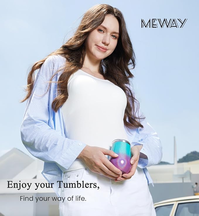 MEWAY Stemless 12oz Insulated Wine Tumbler with Lid and Straw - Double Wall Stainless Steel Thermal Cups, Travel wine glasses, Ideal for Bridal and Baby Shower Game Prizes(White,Set of 8)