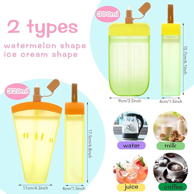Patelai 8 Pcs Cute Water Bottles with Straw Kawaii Watermelon Ice Cream Cups Leak Proof Drinking Bottles with Adjustable Shoulder Strap for Sports Travel Camping(Classic Style)
