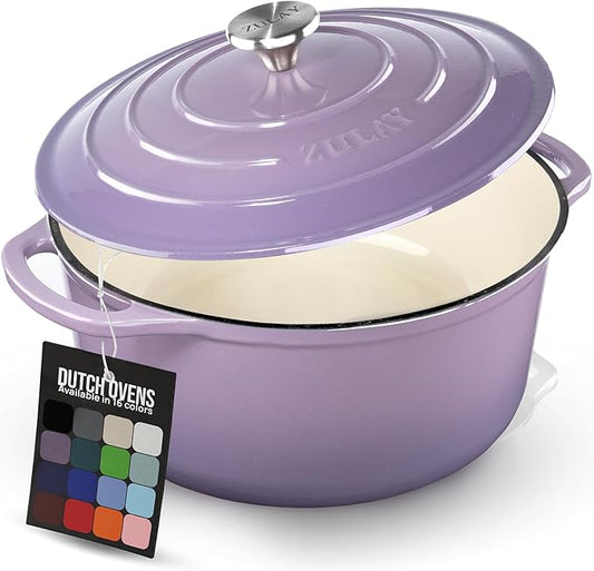 Zulay Kitchen 6 Quart Enameled Cast Iron Dutch Oven Pot with Lid – Premium Durability & Oven Safe up to 500°F – Heavy Duty Cookware Perfect for Bread Baking, Stews, Braising & Roasting - Lavender Jade