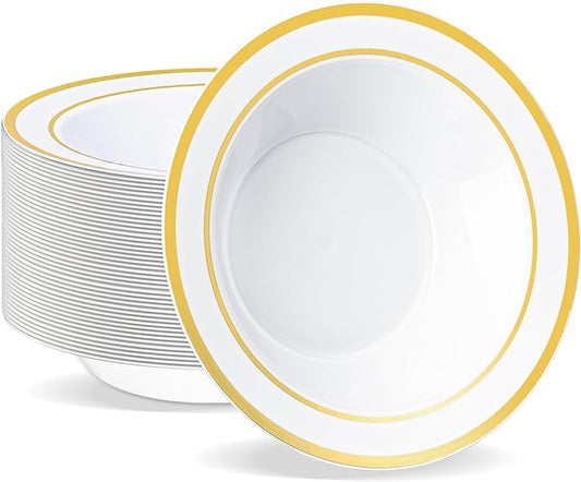 BESTVIP 50 Pack Plastic Bowls with Gold Rim, 12 oz Disposable Soup Bowls, Heavy-duty Dessert Salad Bowl for Party, Wedding, Christmas, Thanksgiving, Dinner, Catering