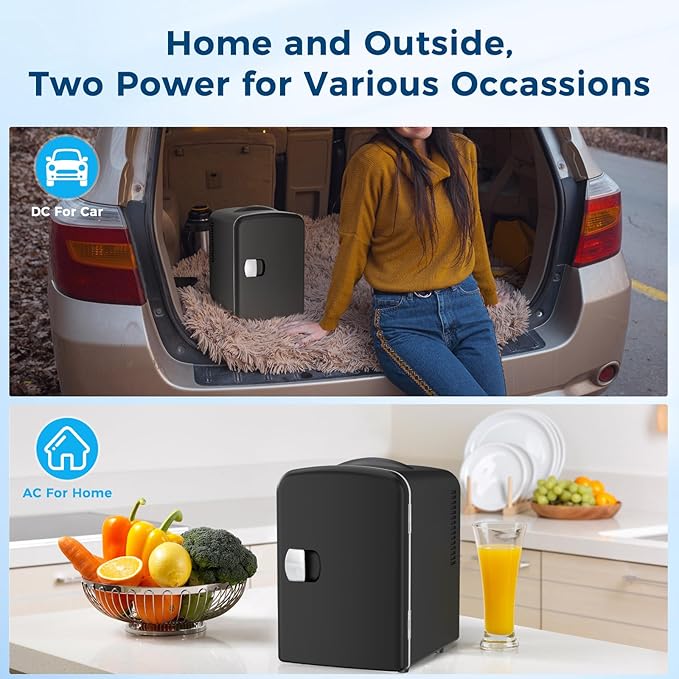 Antarctic Star Compact Refrigerator, Portable Mini Fridge, Skin Care 4L Capacity/6 Cans, for Bedroom, Car, Office & Dorm, Small Cooler for Cosmetics, Beverage and Food, Black