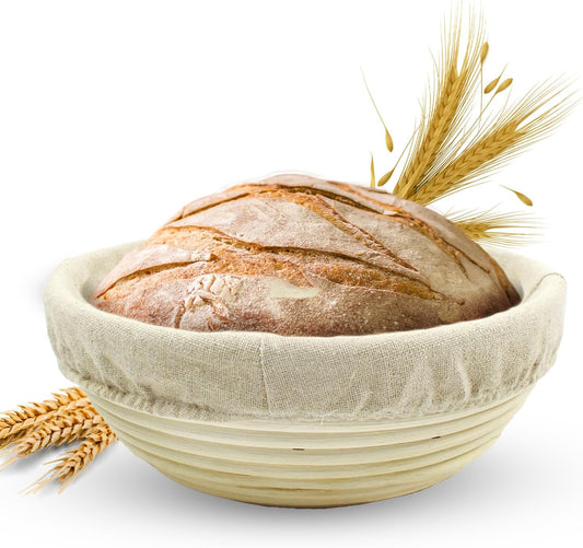 Banneton Bread Proofing Basket Sourdough Proofing Basket for Beginners & Professional Bakers, Handwoven Rattan Cane Bread Maker for Artisan Breads, 10 x 3.5 Inch, 2-Pound Round Brotform