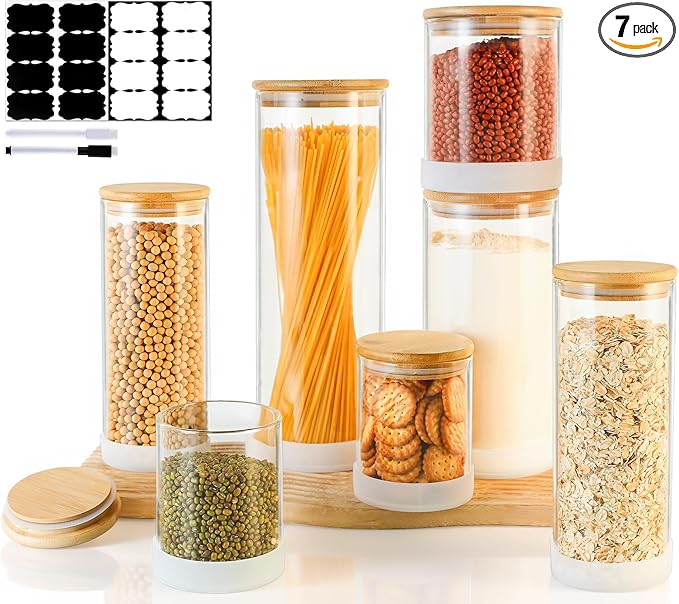 TBWIND Glass Storage Containers with Bamboo Lids – 7 Pack Airtight Clear Glass Jars in Mixed Sizes (17oz/25oz/34oz/53oz/73oz) for Pantry Organization, Kitchen Dry Food, Coffee, Flour, Pasta & Snacks